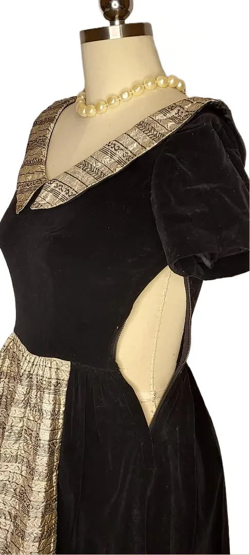 *  VINTAGE LANZ BLACK VELVETY DRESS WITH METALLIC GOLD AND SILVER BROCADE APRON ON THE FRONT