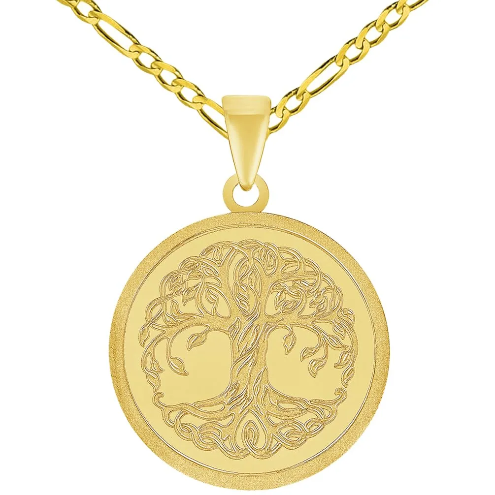 14k Solid Yellow Gold Tree of Life Medallion Pendant with Rolo Cable, Cuban Curb, or Figaro Chain Necklace