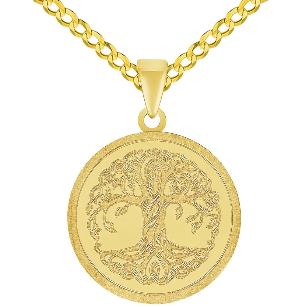 14k Solid Yellow Gold Tree of Life Medallion Pendant with Rolo Cable, Cuban Curb, or Figaro Chain Necklace