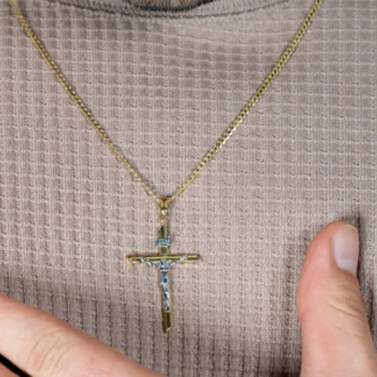 14K Two-Tone Gold Passion Cross with Jesus Christ Crucifix Pendant with Cable, Curb, or Figaro Chain Necklace