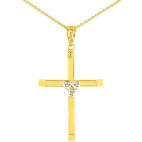 14K Two Tone Gold Plain Celtic Trinity Cross with Triquetra Symbol Pendant with Cable, Cuban Curb, or Figaro Chain Necklaces