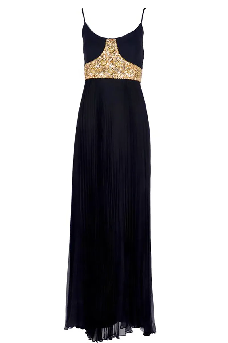 1970s Jean Patou Vintage Black Evening Dress W/ Gold Beads & Sequins