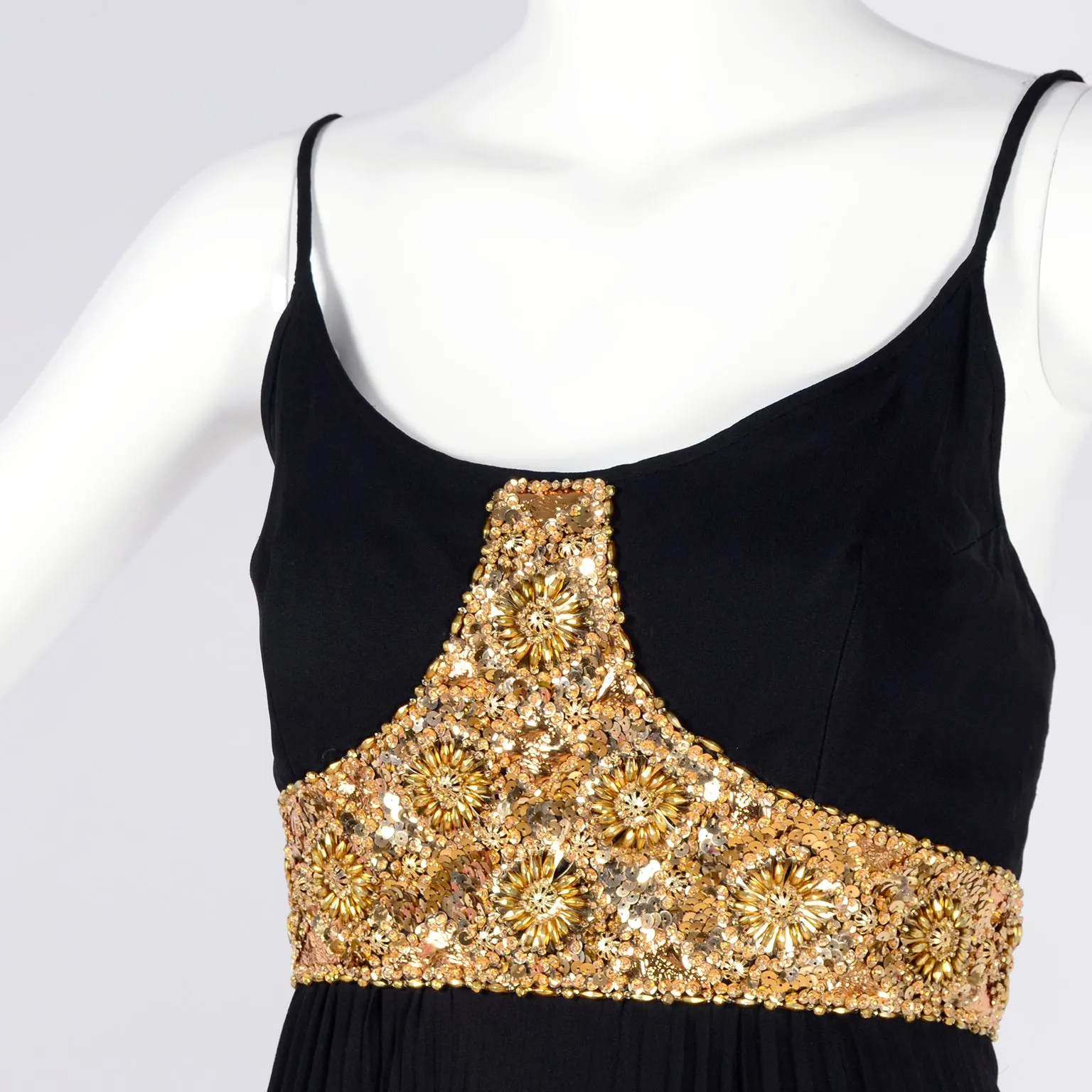 1970s Jean Patou Vintage Black Evening Dress W/ Gold Beads & Sequins