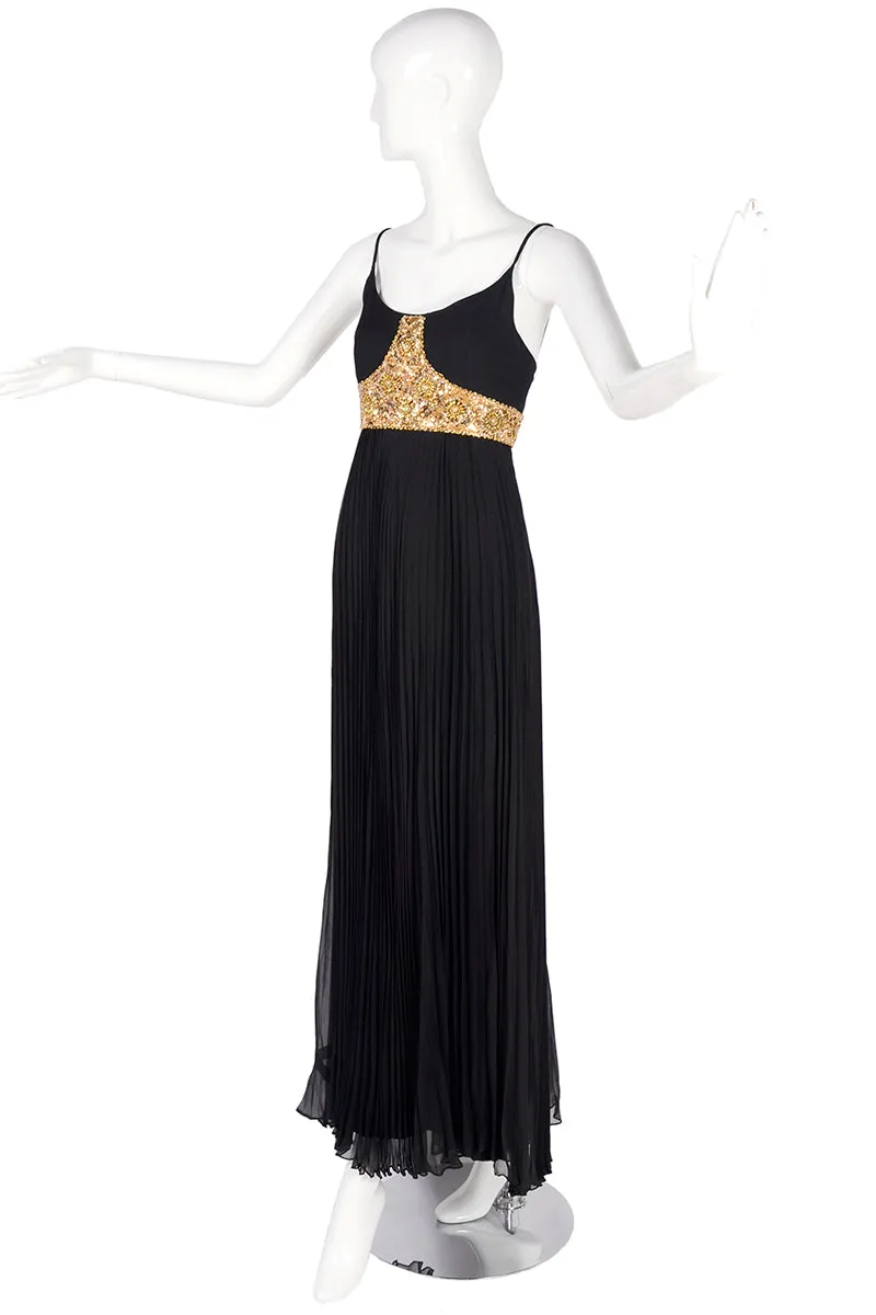 1970s Jean Patou Vintage Black Evening Dress W/ Gold Beads & Sequins