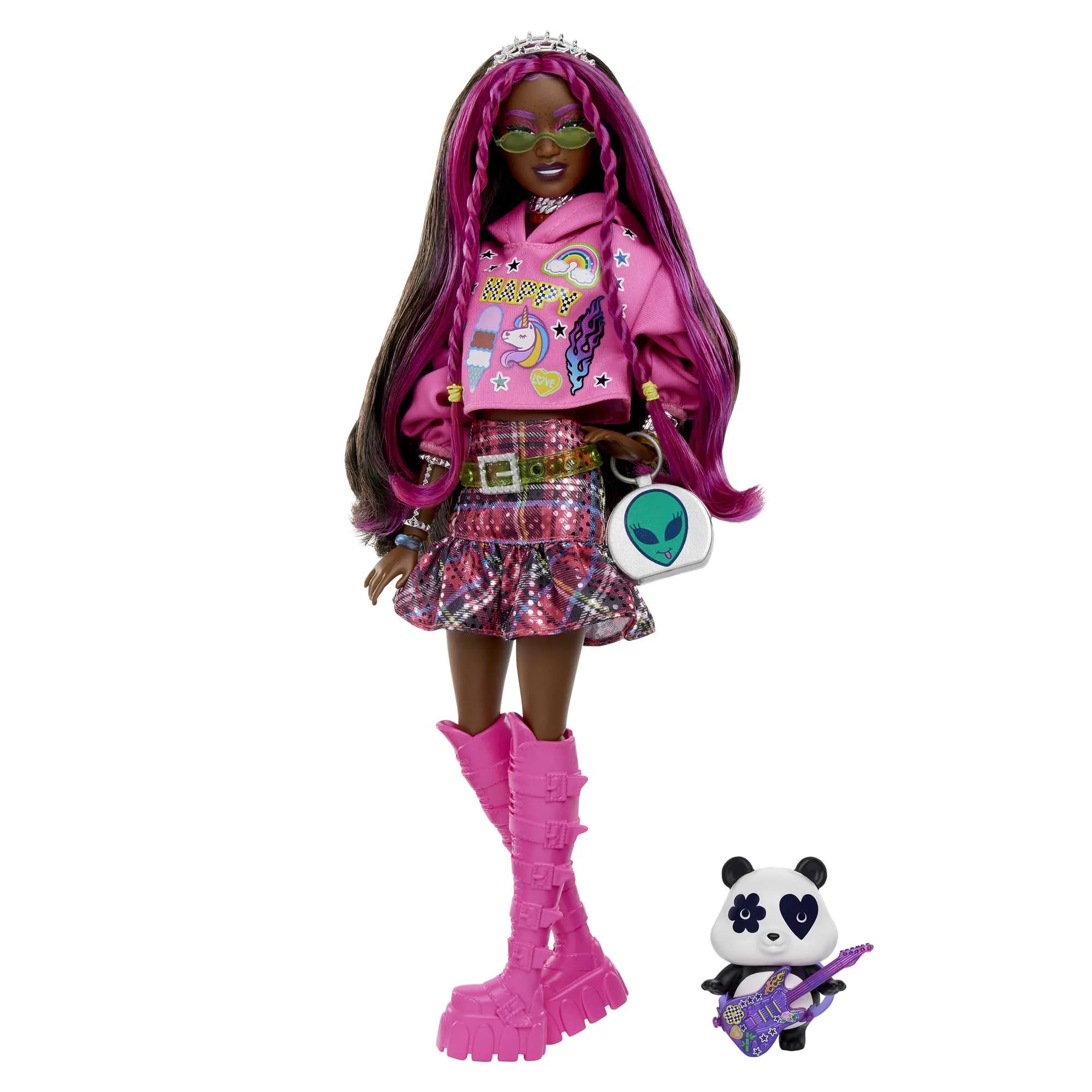 Barbie Extra Doll With Pet Panda, Pink-Streaked Brown Hair, Hoodie, Plaid Skirt And Accessories