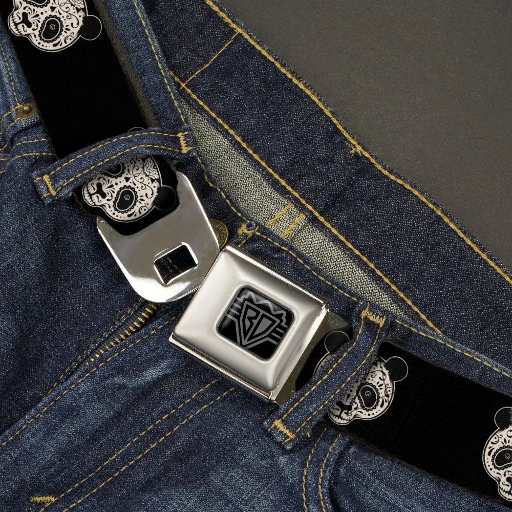 BD Wings Logo CLOSE-UP Black/Silver Seatbelt Belt - Panda Bear Sugar Skull Black/Cream Webbing by Buckle-Down