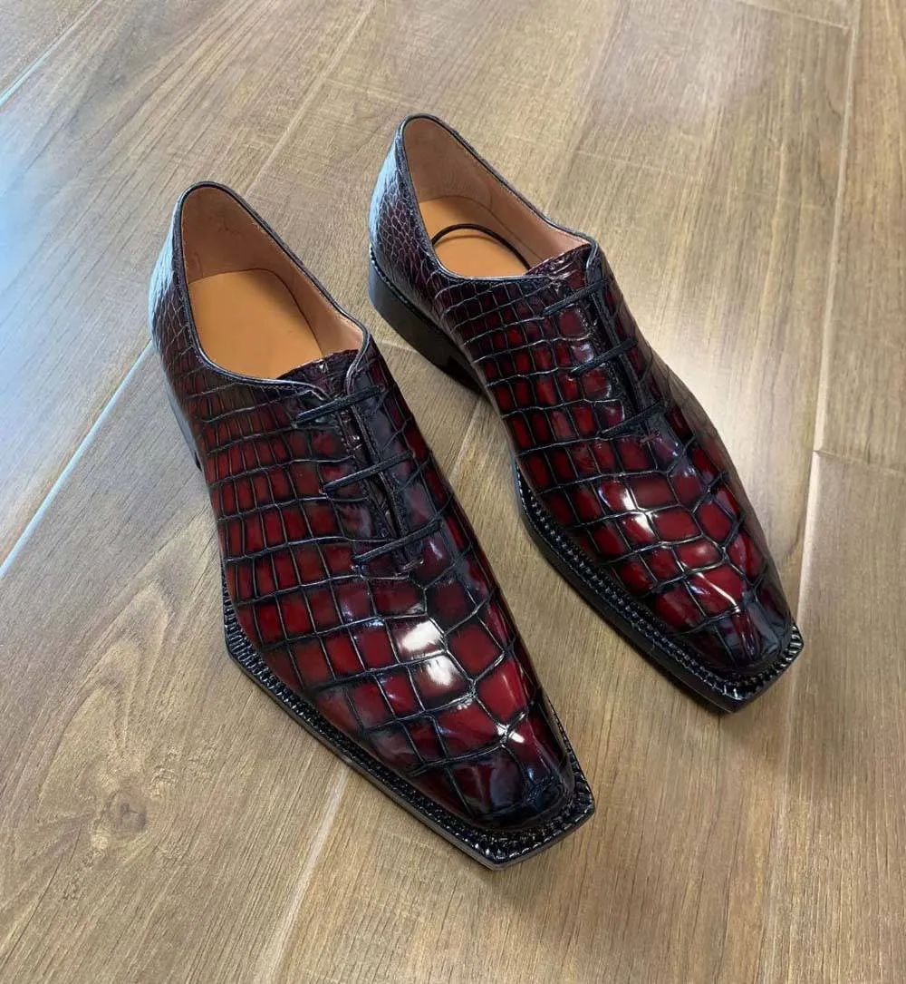 Crocodile Shoes Men's Crocodile Leather Brushed Wine Red Business Dress  Lace Up Shoes