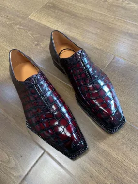 Crocodile Shoes Men's Crocodile Leather Brushed Wine Red Business Dress  Lace Up Shoes