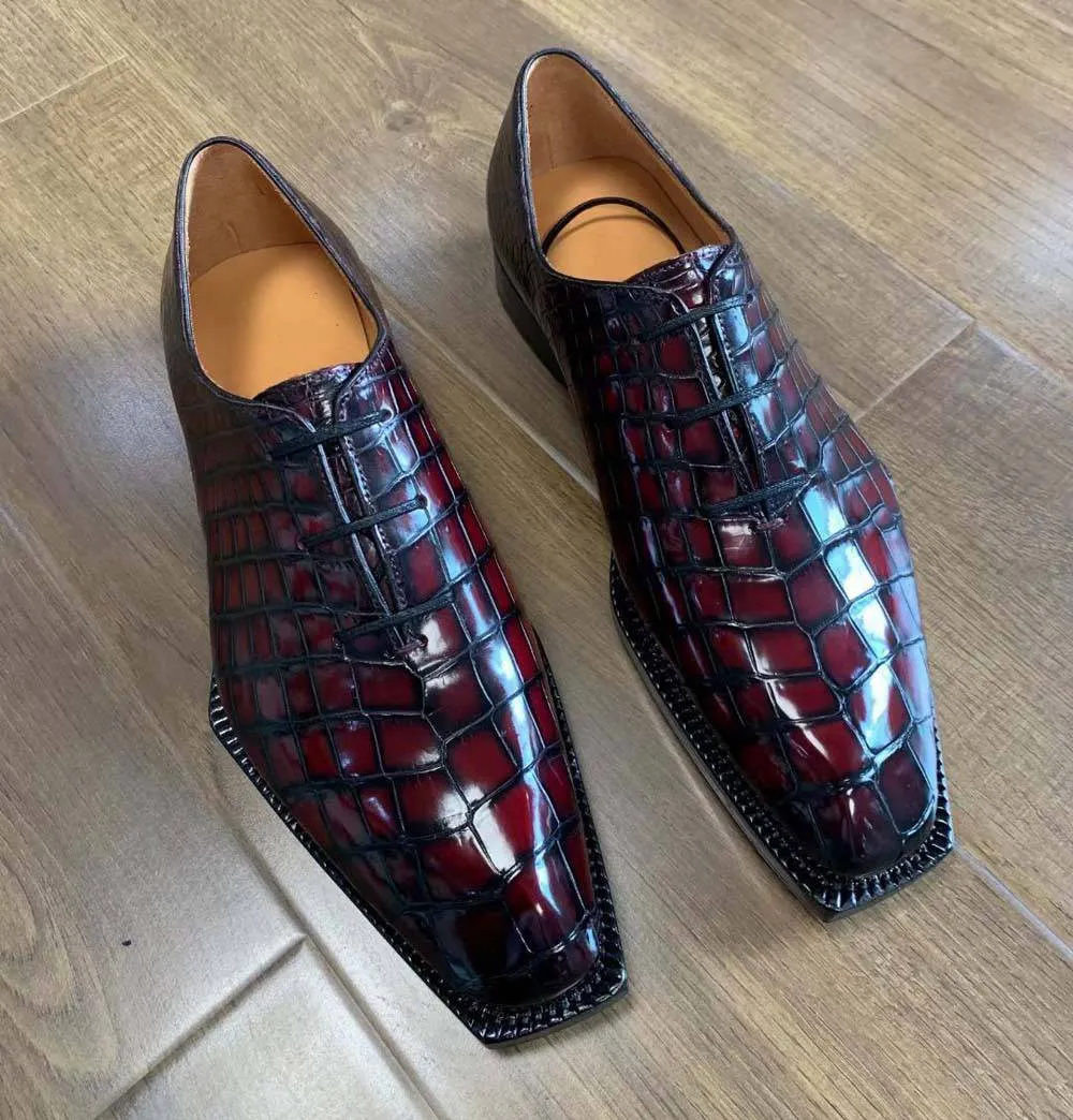 Crocodile Shoes Men's Crocodile Leather Brushed Wine Red Business Dress  Lace Up Shoes