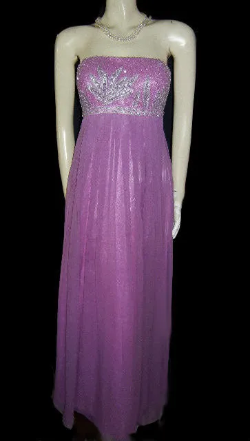 GORGEOUS CAMILLE LA VIE SILVER SEQUINS & METALLIC THREAD BEADED EMPIRE-STYLE EVENING GOWN IN JUNGLE ORCHID