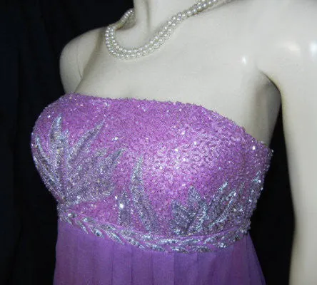 GORGEOUS CAMILLE LA VIE SILVER SEQUINS & METALLIC THREAD BEADED EMPIRE-STYLE EVENING GOWN IN JUNGLE ORCHID