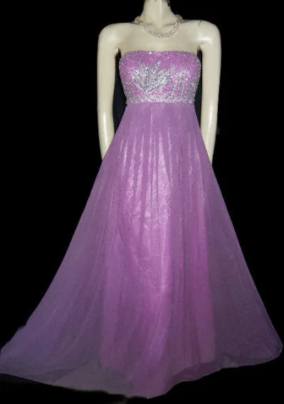 GORGEOUS CAMILLE LA VIE SILVER SEQUINS & METALLIC THREAD BEADED EMPIRE-STYLE EVENING GOWN IN JUNGLE ORCHID