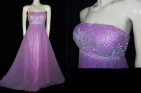 *GORGEOUS CAMILLE LA VIE SILVER SEQUINS & METALLIC THREAD BEADED EMPIRE-STYLE EVENING GOWN IN JUNGLE ORCHID