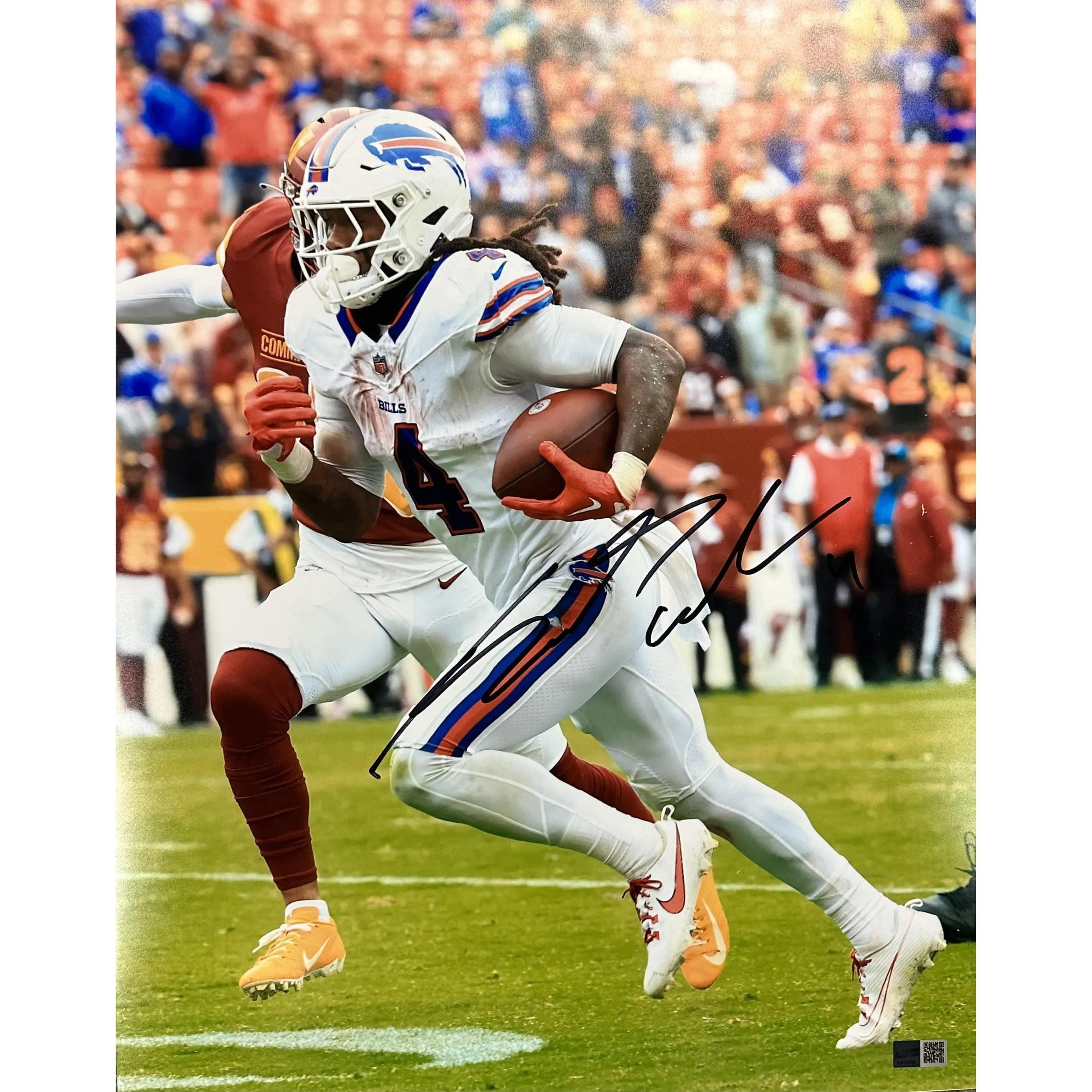 James Cook Signed Running with Ball vs Washington Commanders 16x20 Photo