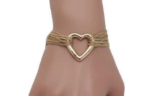 Jewelry Gold Metal Chain Links Multi Strands Bracelet Love Fun Heart Charm