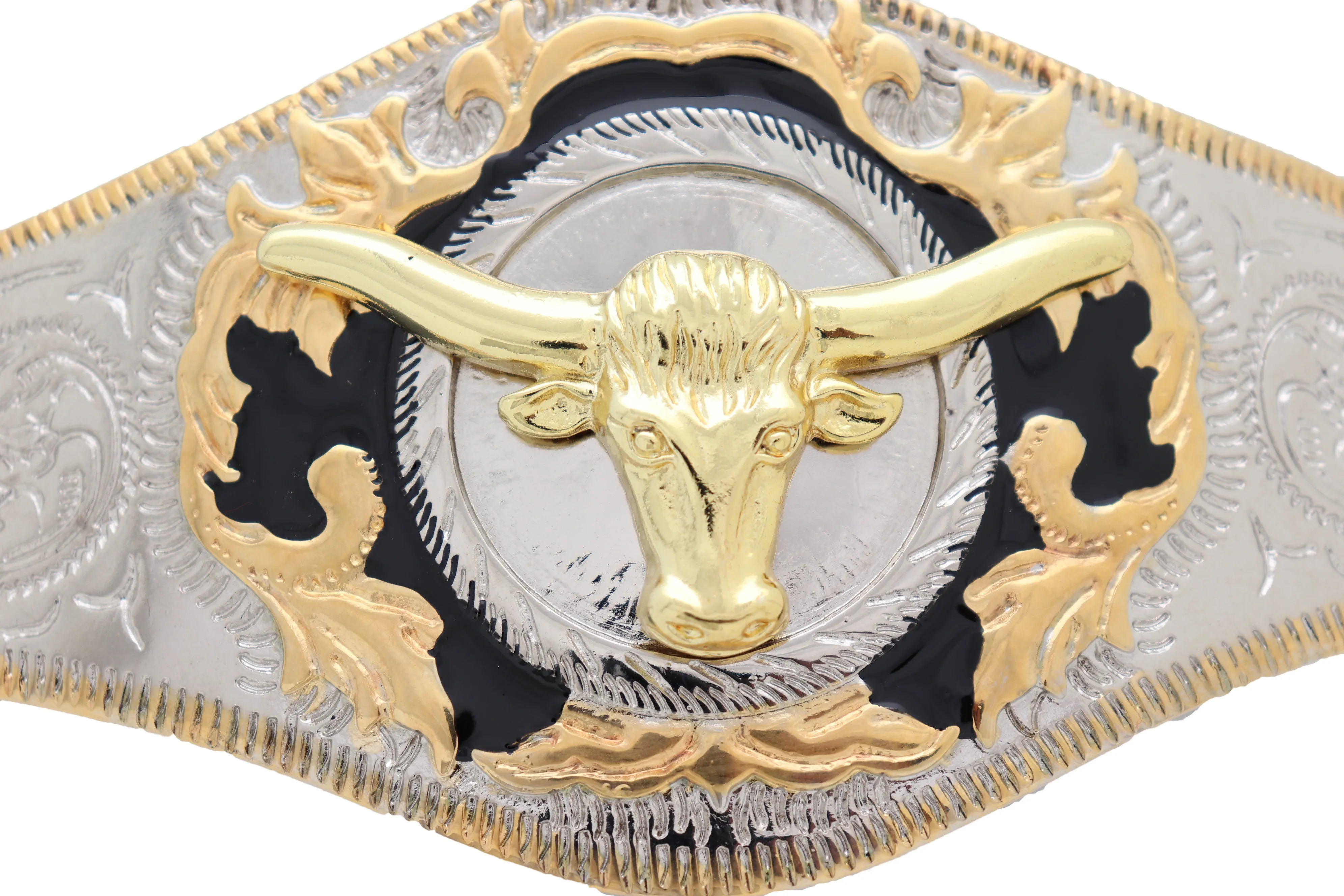 Men Western Fashion Belt Buckle Silver Metal Gold Long Horn Bull Texas Cow Heavy Duty Strong