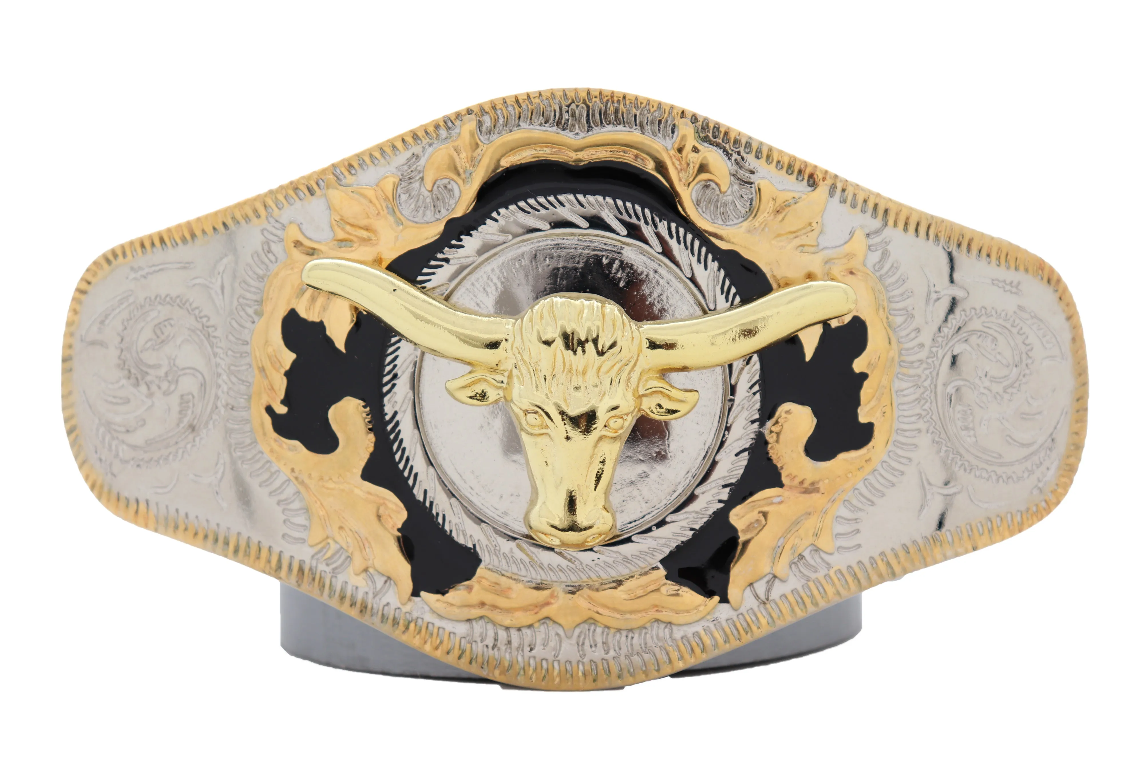 Men Western Fashion Belt Buckle Silver Metal Gold Long Horn Bull Texas Cow Heavy Duty Strong