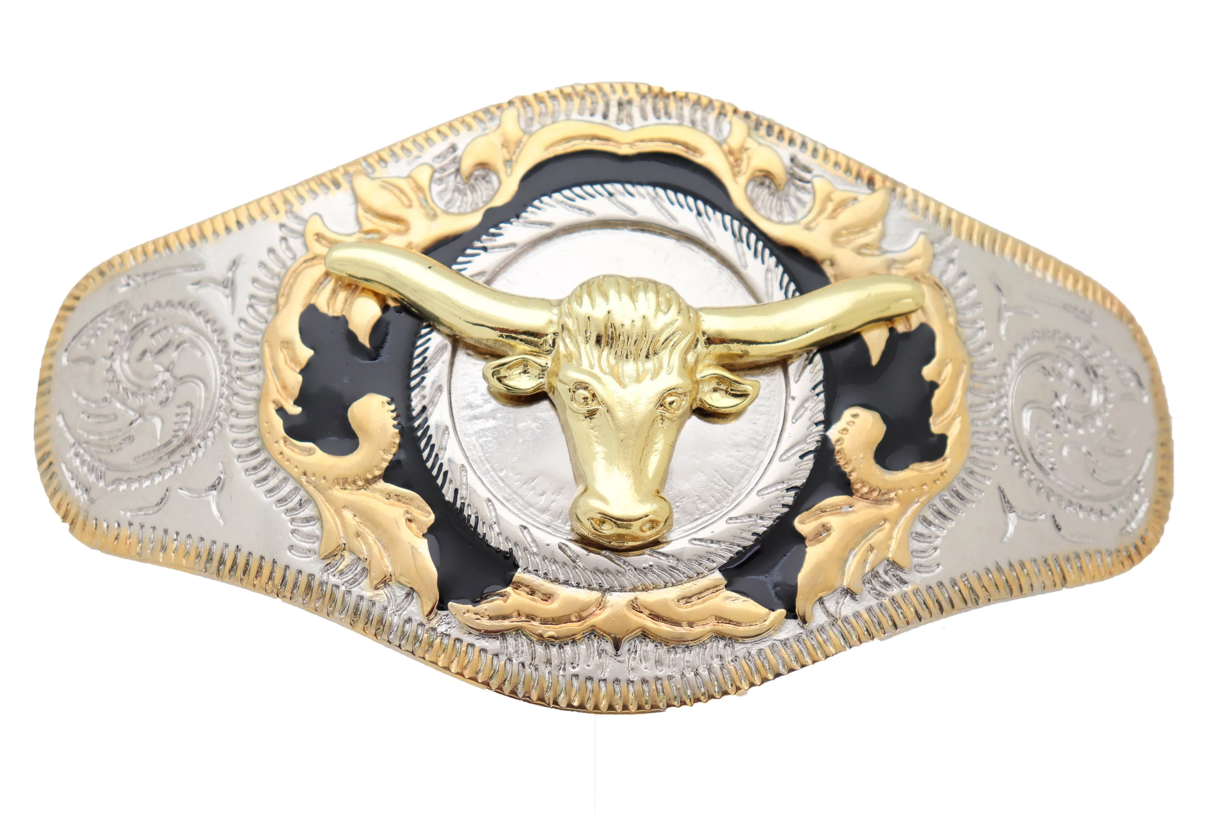 Men Western Fashion Belt Buckle Silver Metal Gold Long Horn Bull Texas Cow Heavy Duty Strong