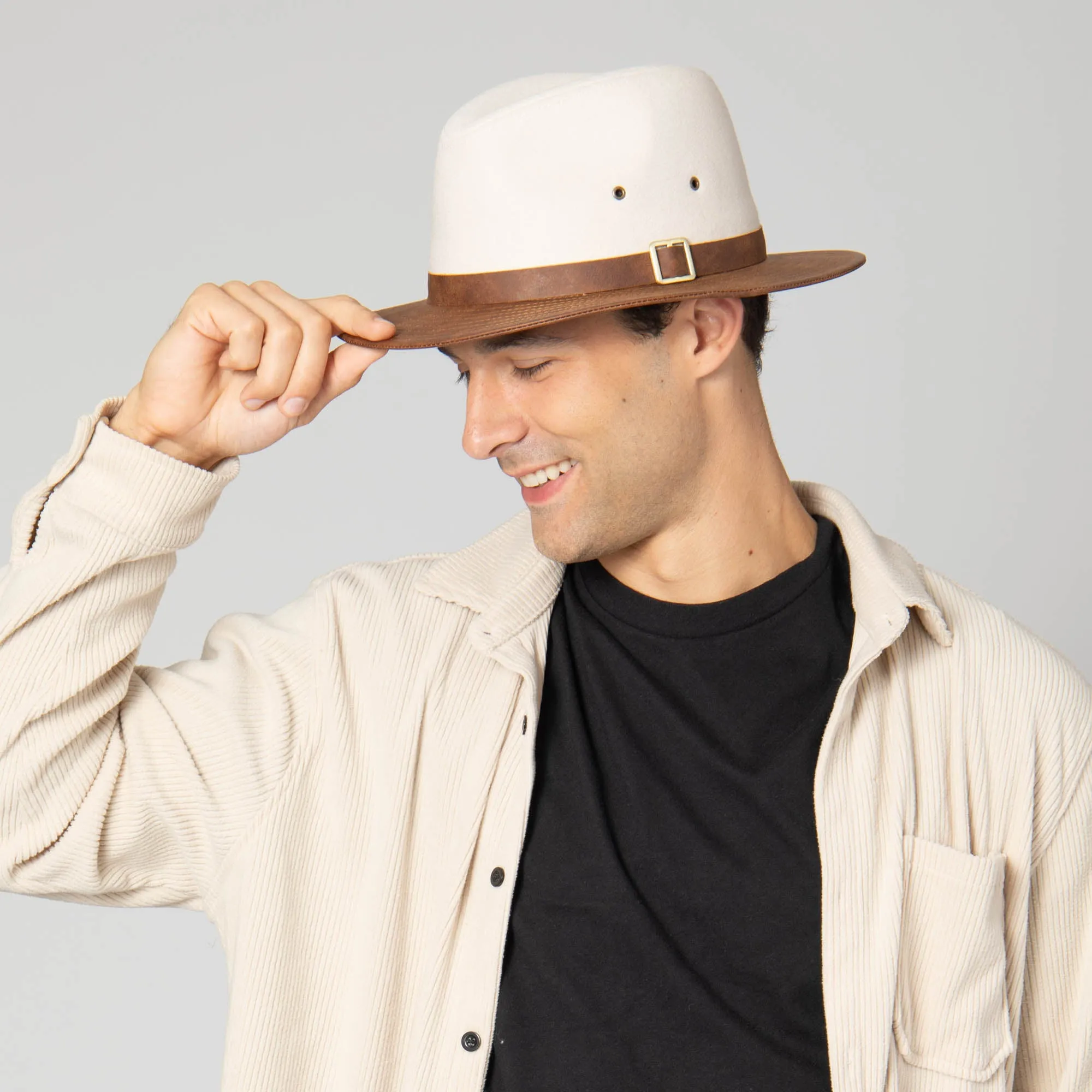 Men's Faux Felt Fedora with Matching Faux Leather Band