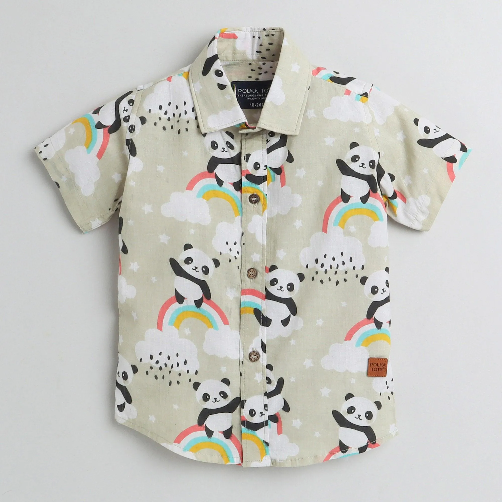 Polka Tots Half Sleeves Panda With Rainbow Print Shirt - Cream