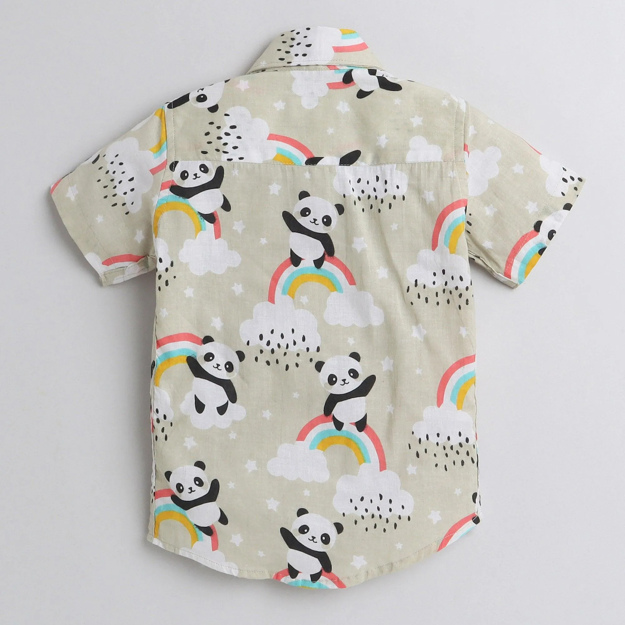 Polka Tots Half Sleeves Panda With Rainbow Print Shirt - Cream