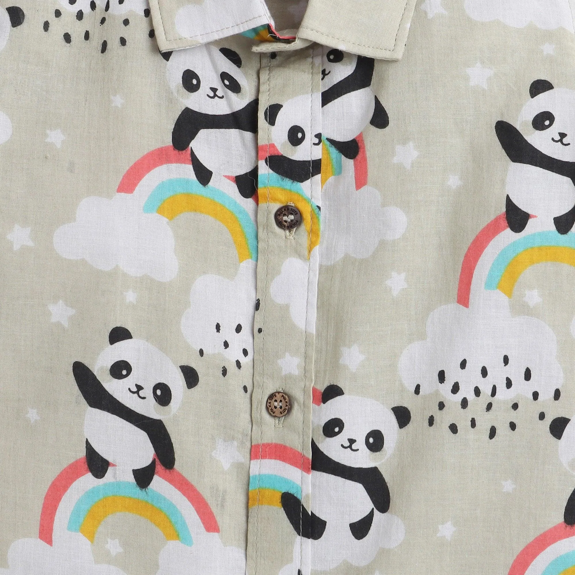 Polka Tots Half Sleeves Panda With Rainbow Print Shirt - Cream