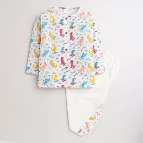 Polka Tots Kurta Pyjama Set Front Open Dinosaur Print - White