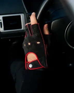 POWERSLIDE - Fingerless Suede Driving Gloves - Dark Grey/Red