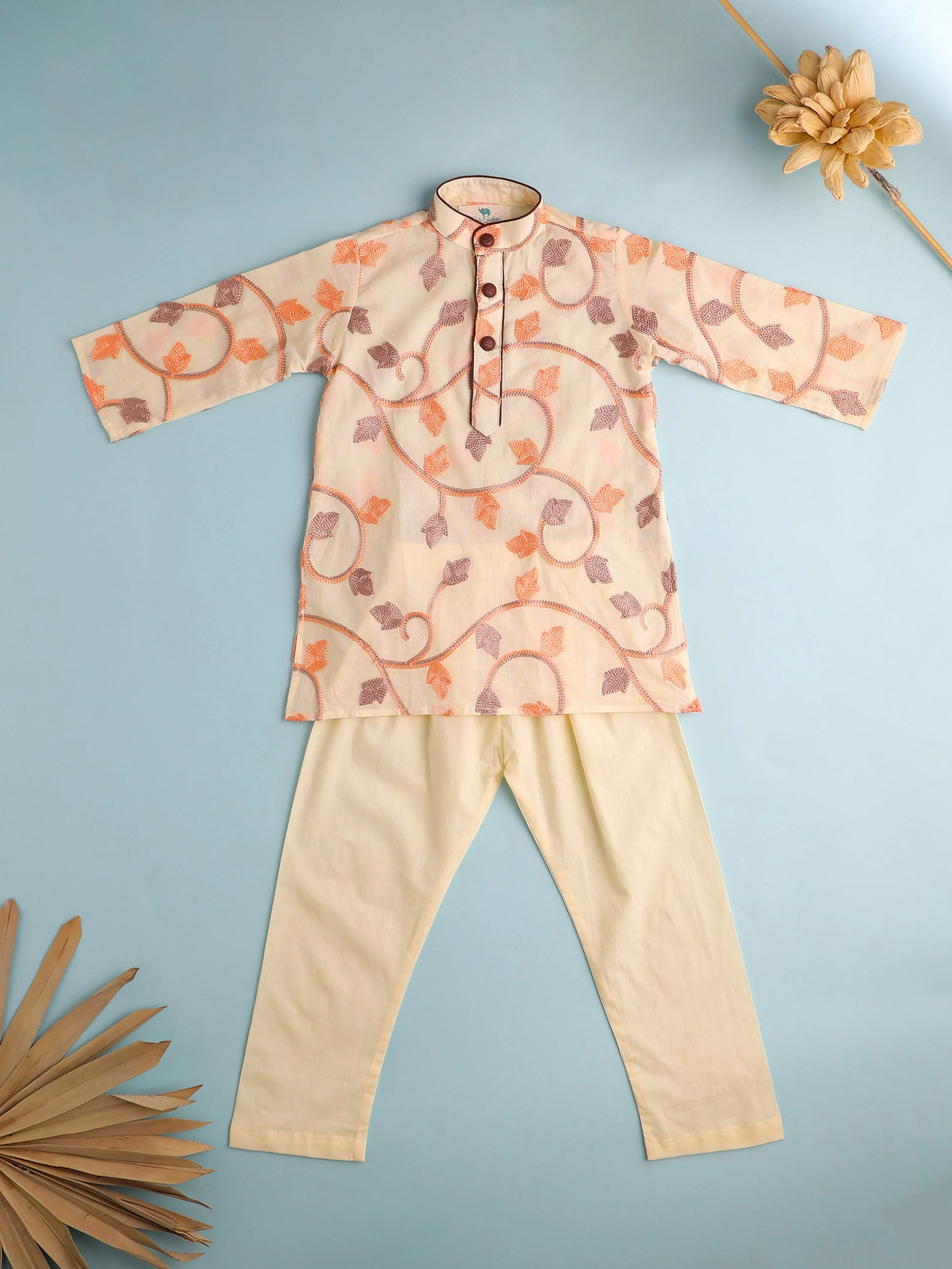 Pre-Order-BOYS EMBROIDERED COTTON KURTA SET-BEIGE