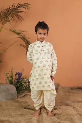 Pre-Order- Boys Floral Cotton Kurta Set- Beige