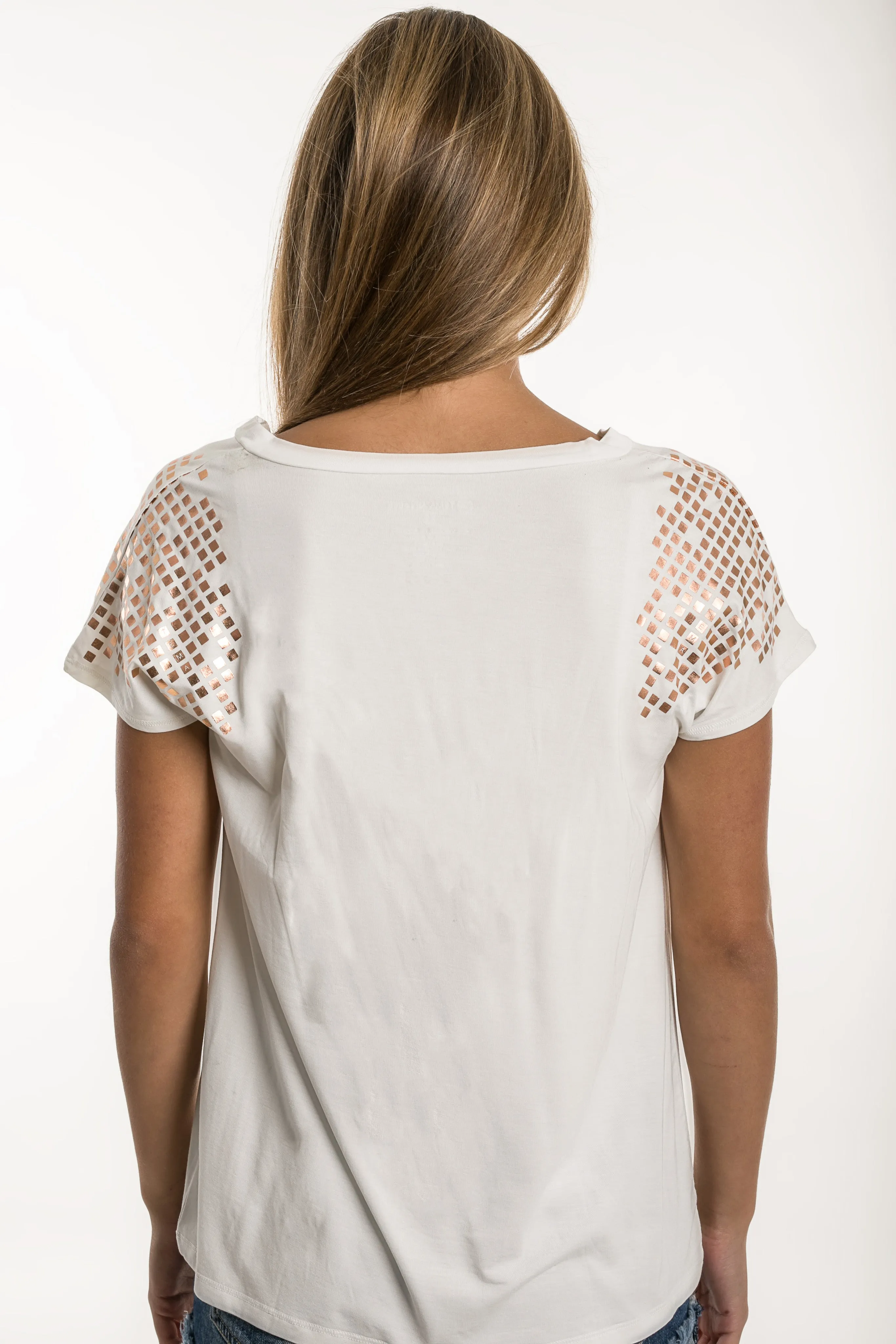 Rose Gold Gladiator Style Easy V-Neck Ivory Tee