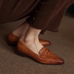 Soft Leather Slip On Flat Loafers in Red/Brown