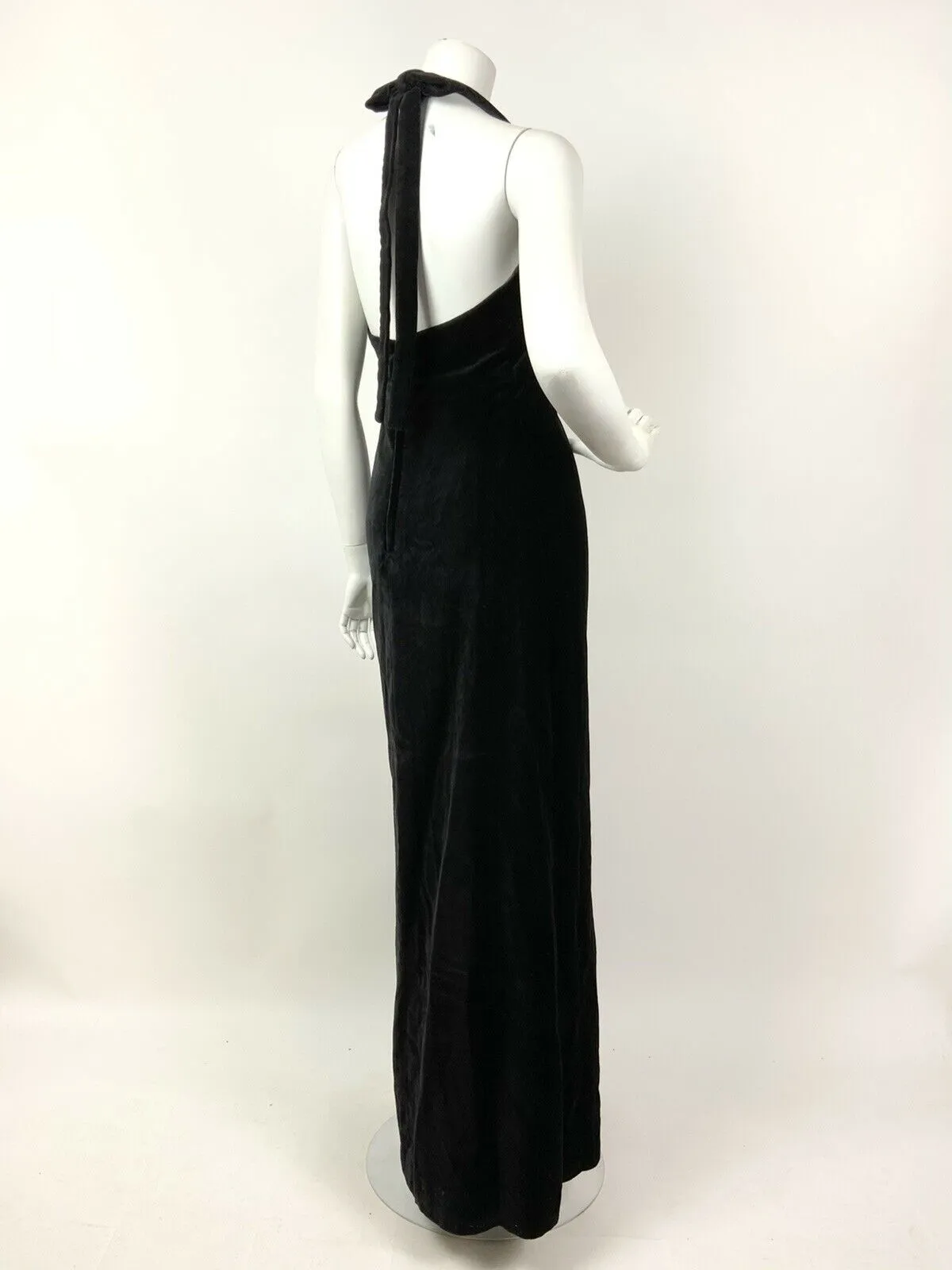 VINTAGE 60s 70s BLACK VELVET BOW GLAM STUDIO 54 HALTER-NECK MAXI DRESS 6