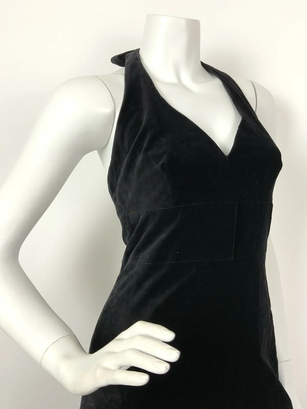 VINTAGE 60s 70s BLACK VELVET BOW GLAM STUDIO 54 HALTER-NECK MAXI DRESS 6