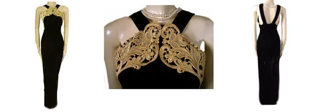 *VINTAGE '80s SCOTT McCLINTOCK SPARKLING GOLD METALLIC LACE HALTER-LOOK BLACK VELVET EVENING GOWN