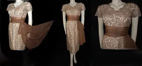 *VINTAGE ANNETTE GOWNS SPARKLING SILVER & MOCHA LACE ILLUSION COCKTAIL DRESS WITH FLOWING DRAPE & METAL ZIPPER