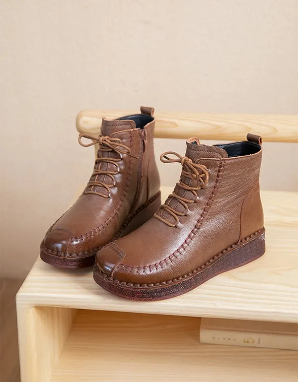 Winter Plush Handmade Retro Leather Boots For Women